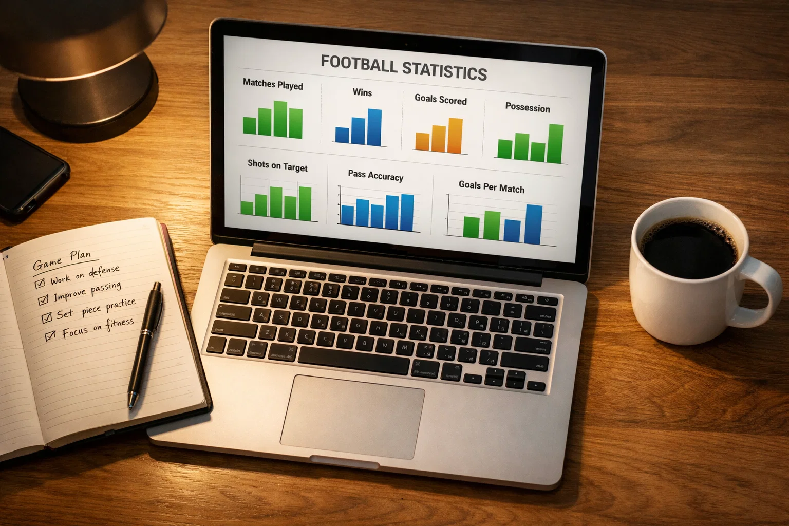 Laptop mit Fußball-Statistiken und Datenanalyse auf dem Bildschirm