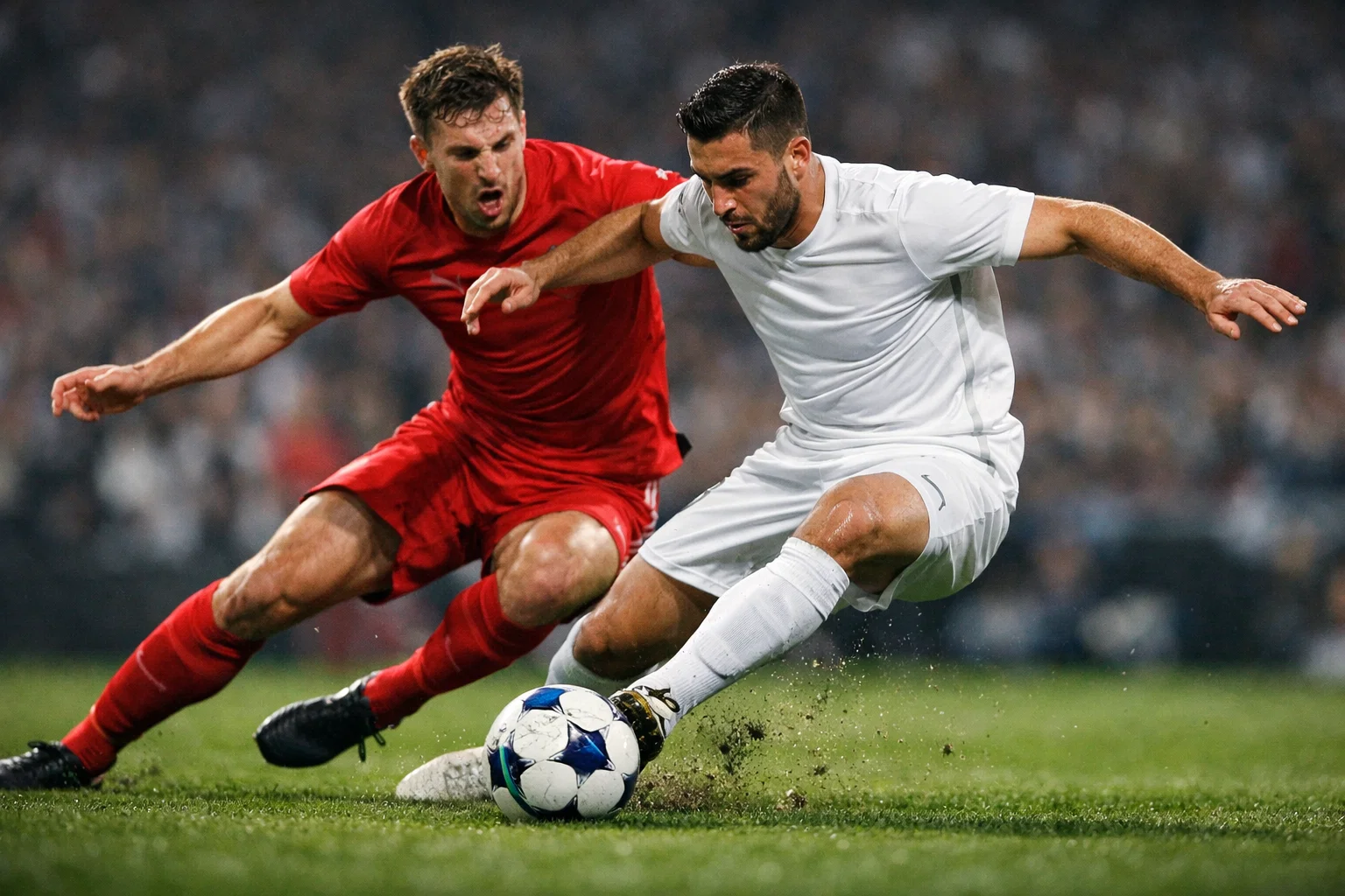 Fußballspieler im Zweikampf auf dem Rasen