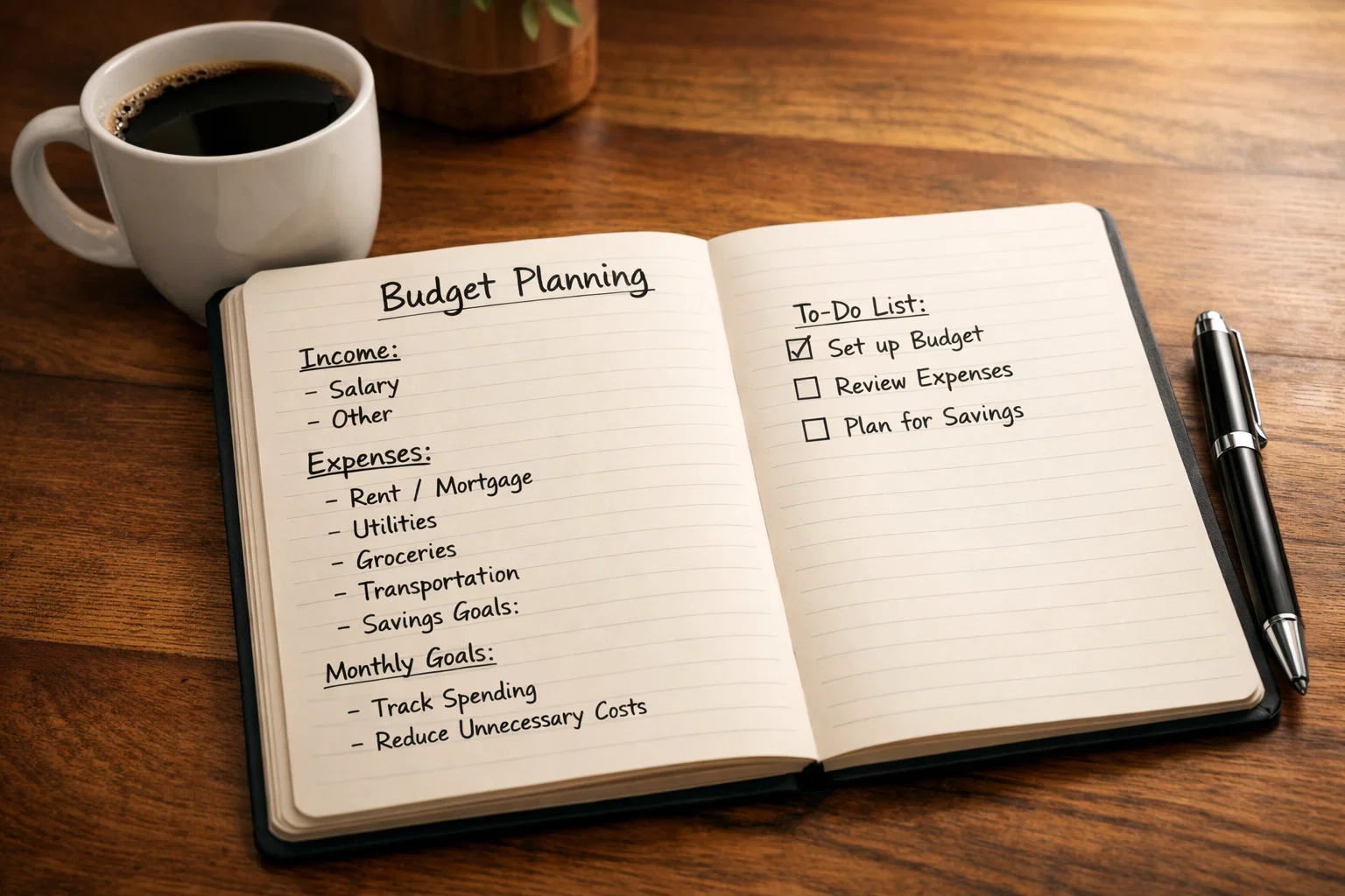 Geordnete Notizen und Stift auf einem Tisch zur Budgetplanung