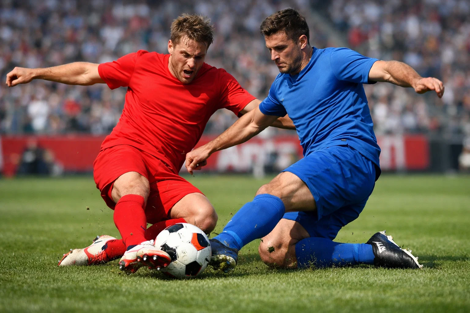 Fußballspieler im Zweikampf auf grünem Rasen während eines Bundesligaspiels