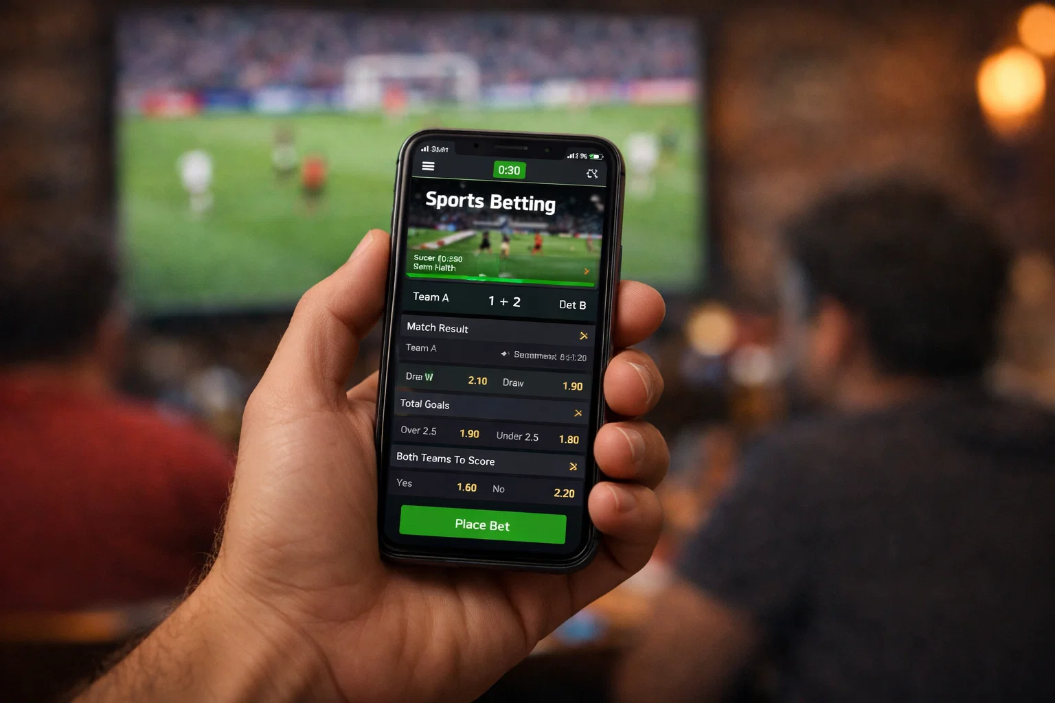 Hand hält Smartphone mit Wett-App während eines Fußballspiels im Hintergrund