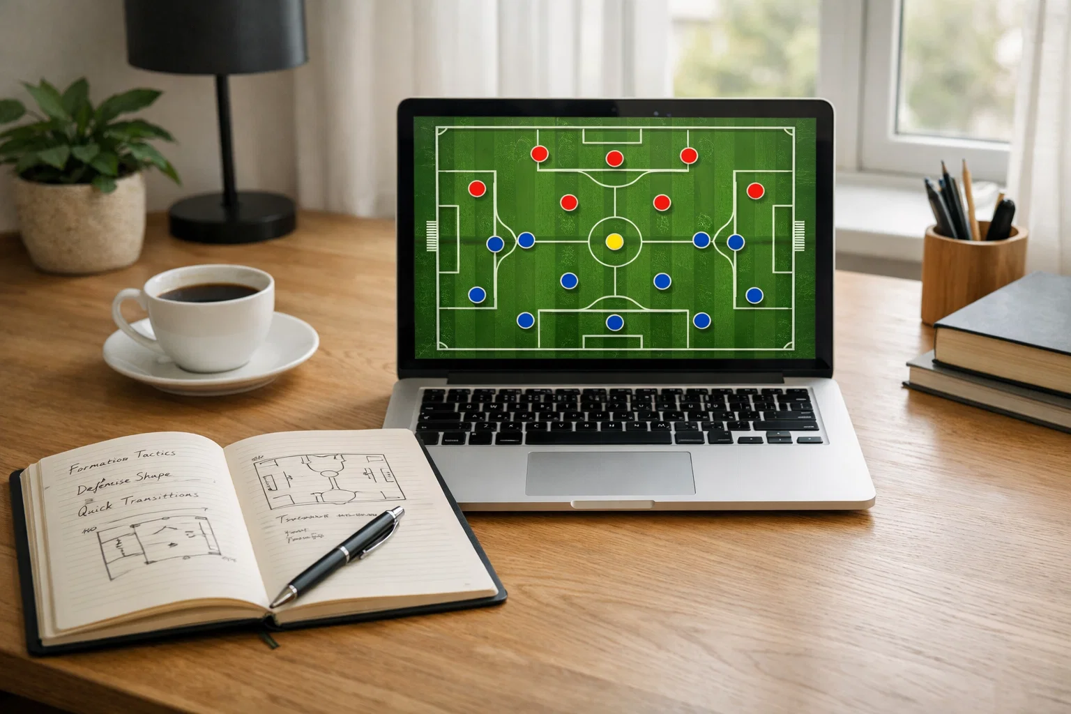 Laptop mit Fußballstatistiken und Notizbuch auf einem Schreibtisch