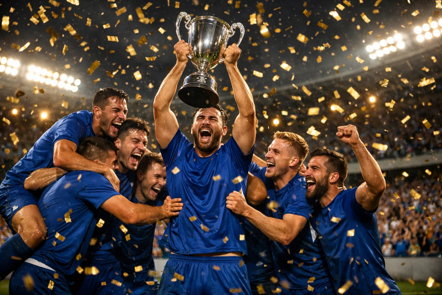 Fußballmannschaft feiert Pokalsieg mit Konfetti und Pokal
