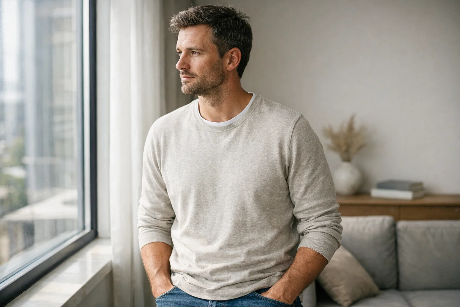 Mann macht Pause und blickt nachdenklich aus dem Fenster