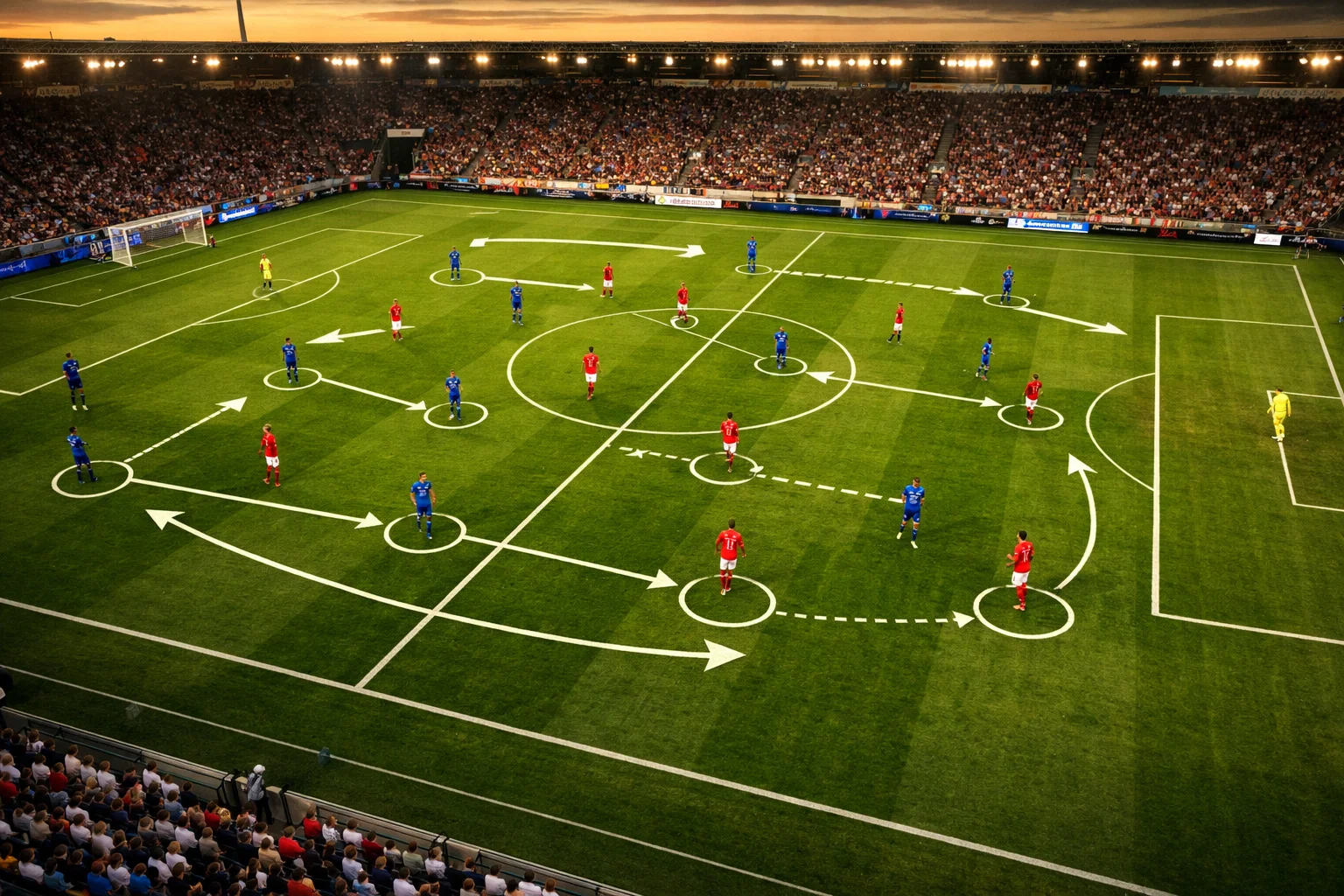 Fußballspiel aus der Vogelperspektive mit taktischen Linien auf dem Rasen