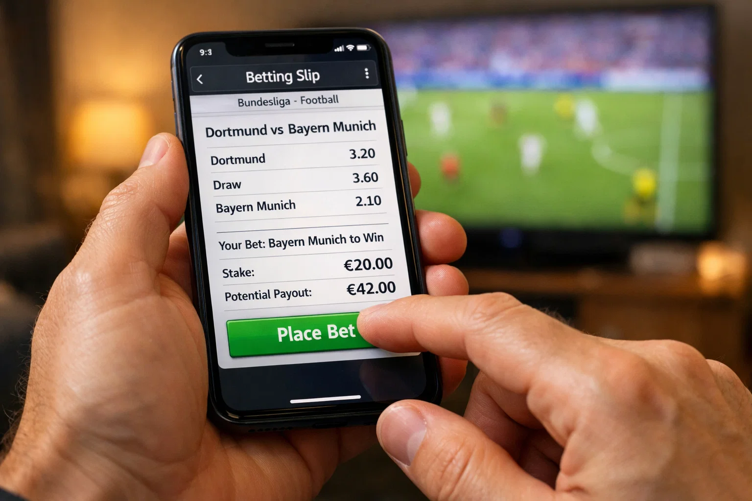 Hände halten Smartphone mit Wettschein für ein Bundesliga-Spiel