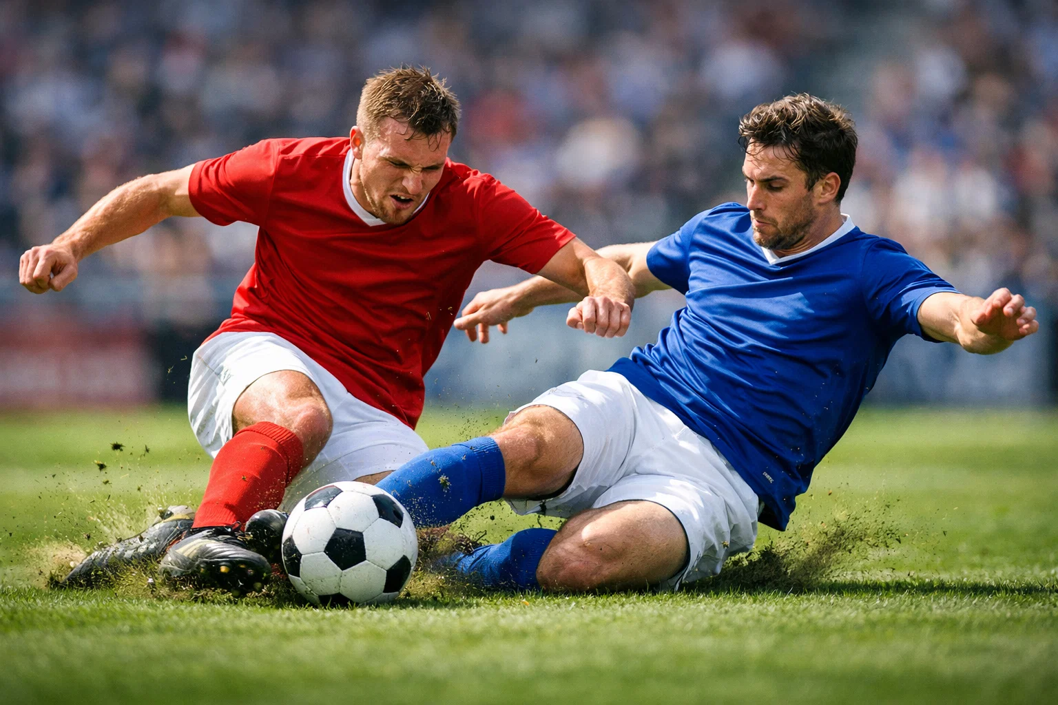 Spannender Zweikampf zweier Fußballspieler auf grünem Rasen im Stadion