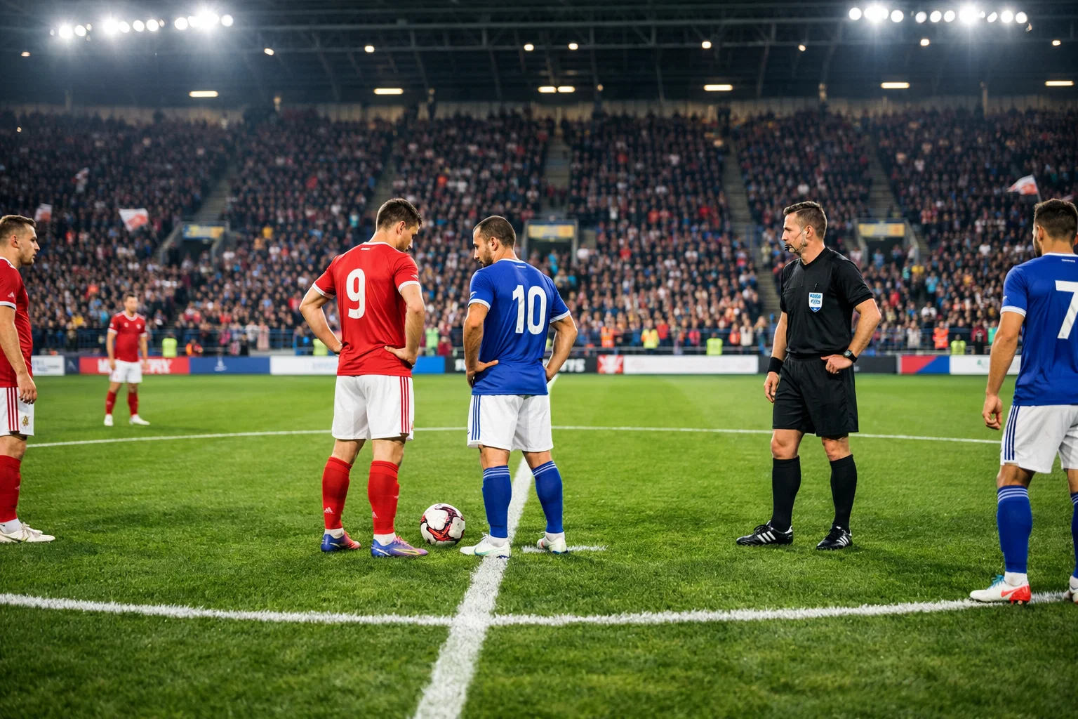 Fußballspieler beim Anstoß zur zweiten Halbzeit