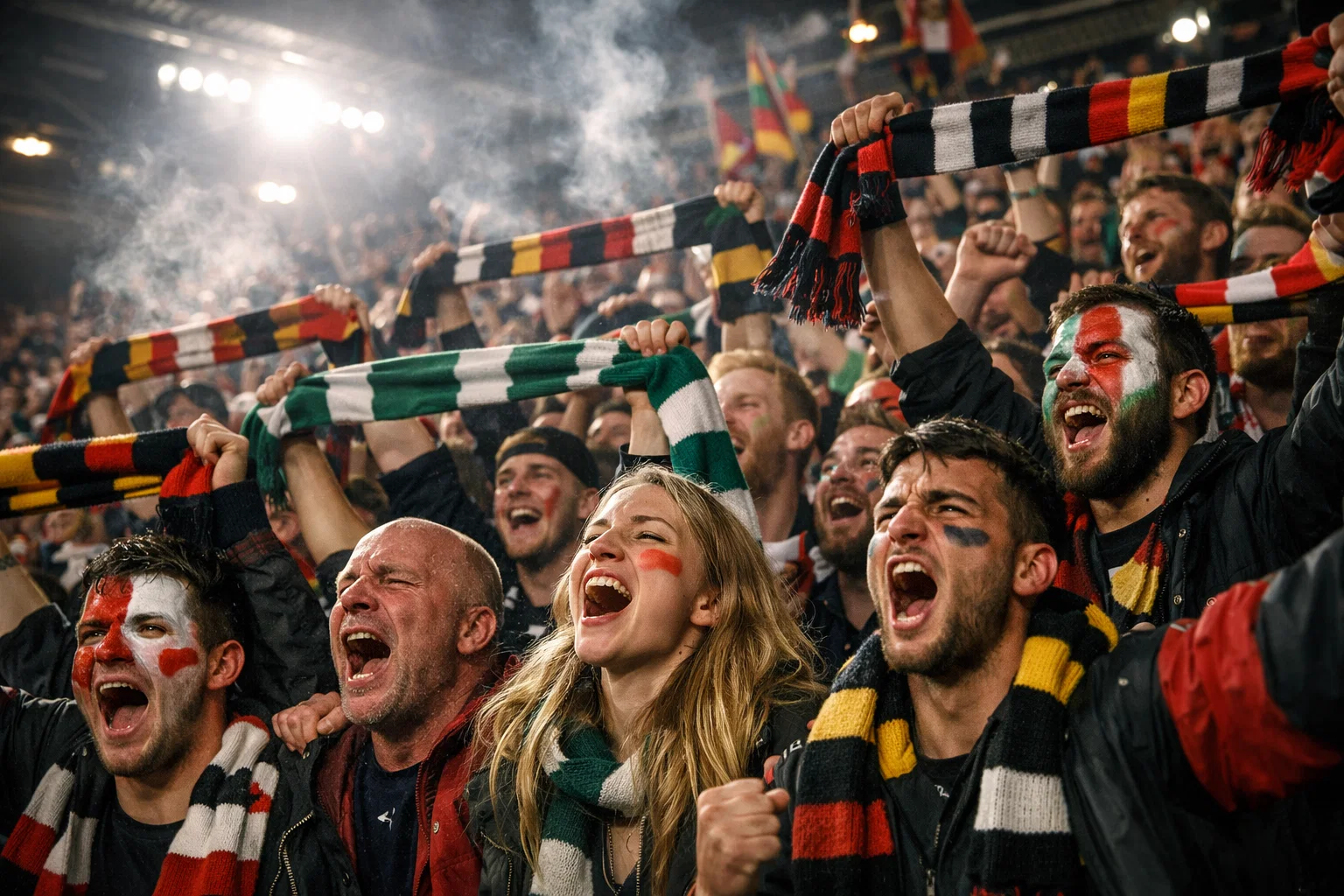 Leidenschaftliche Fußballfans in der Kurve mit Schals und Fahnen