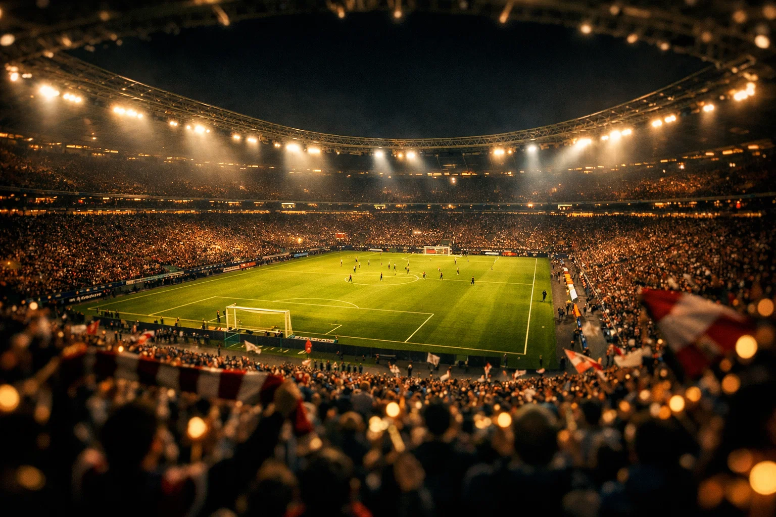 Fußballstadion bei Flutlicht mit jubelnden Fans und spannender Spielatmosphäre