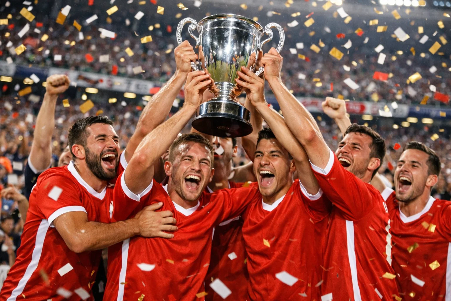 Fußballmannschaft feiert Meisterschaft mit Pokal