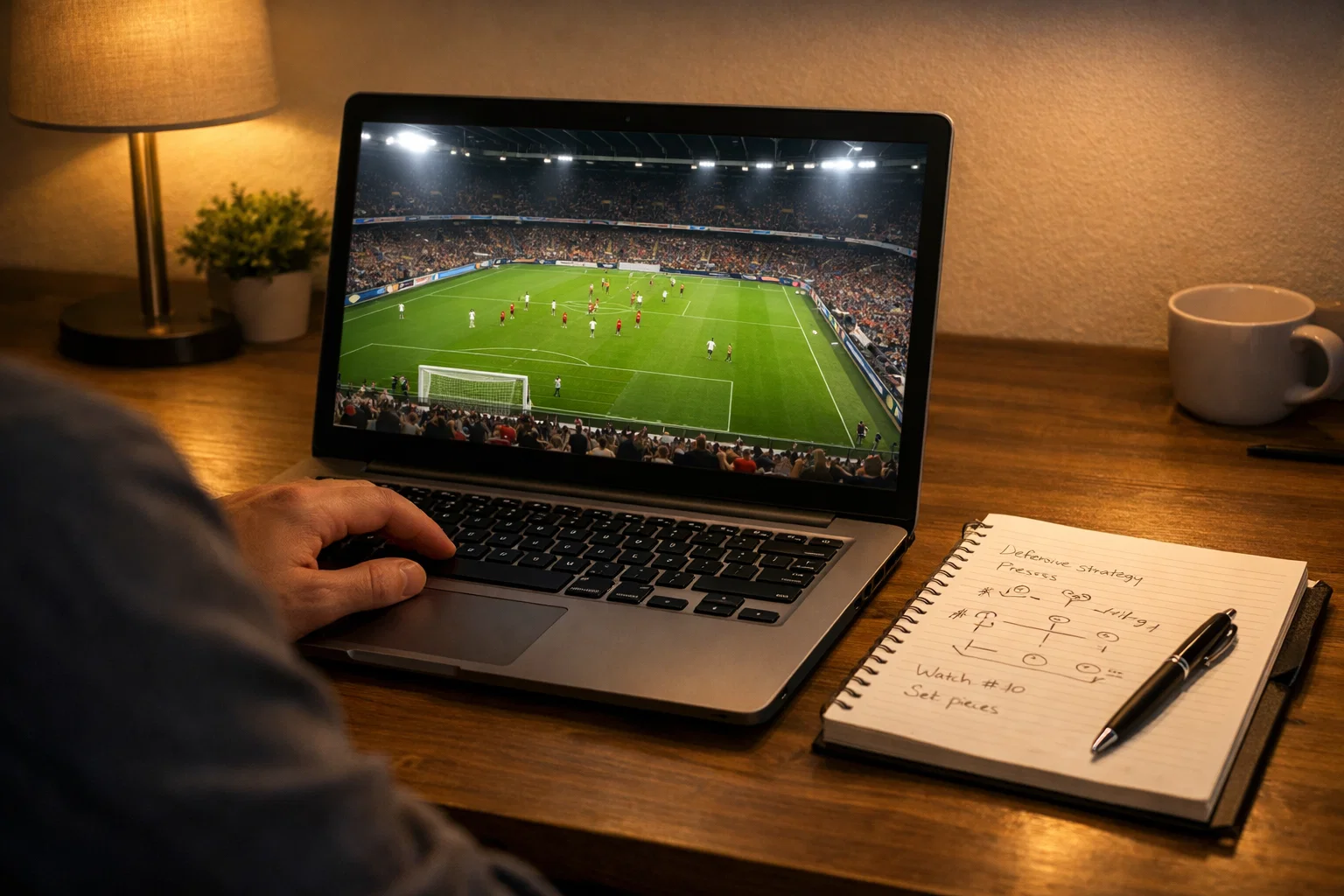 Person beobachtet Fußballspiel auf Laptop mit Statistikansicht
