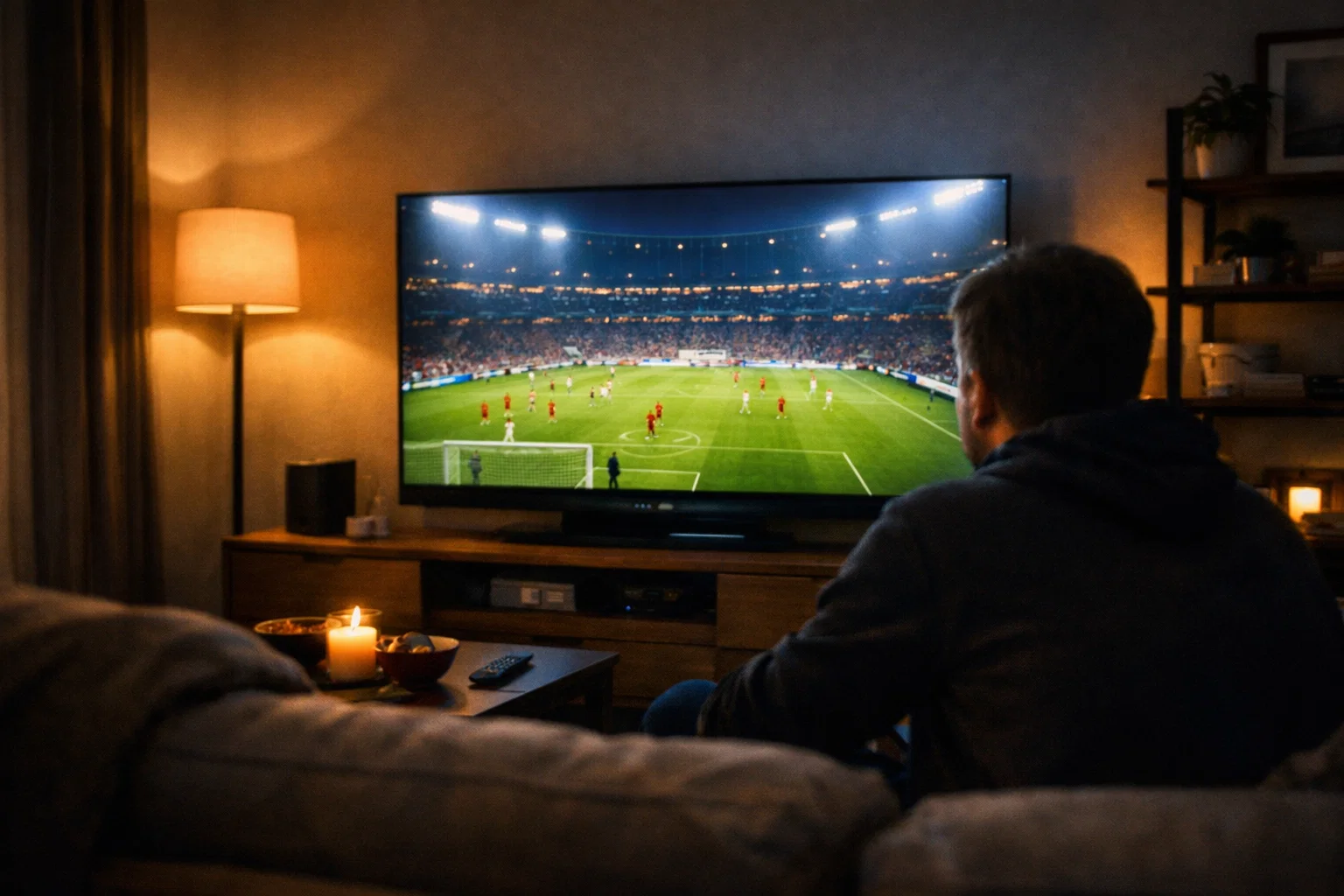 Mann verfolgt Fußballspiel live auf Fernseher mit Stadionatmosphäre