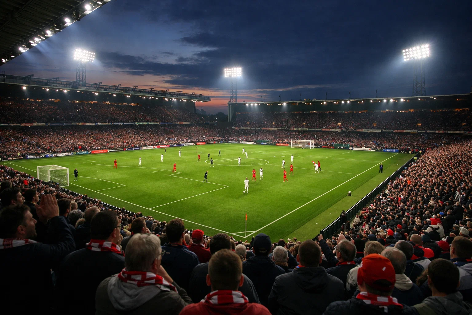 Fußballspiel im Stadion mit Fans auf der Tribüne bei Abendbeleuchtung