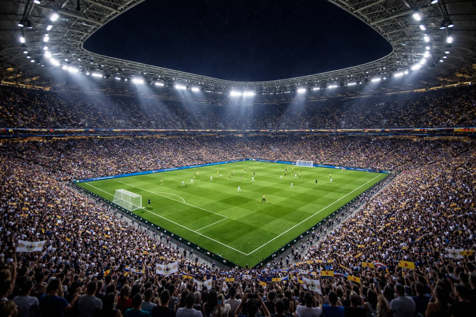 Modernes Fußballstadion bei Flutlicht mit begeisterten Fans