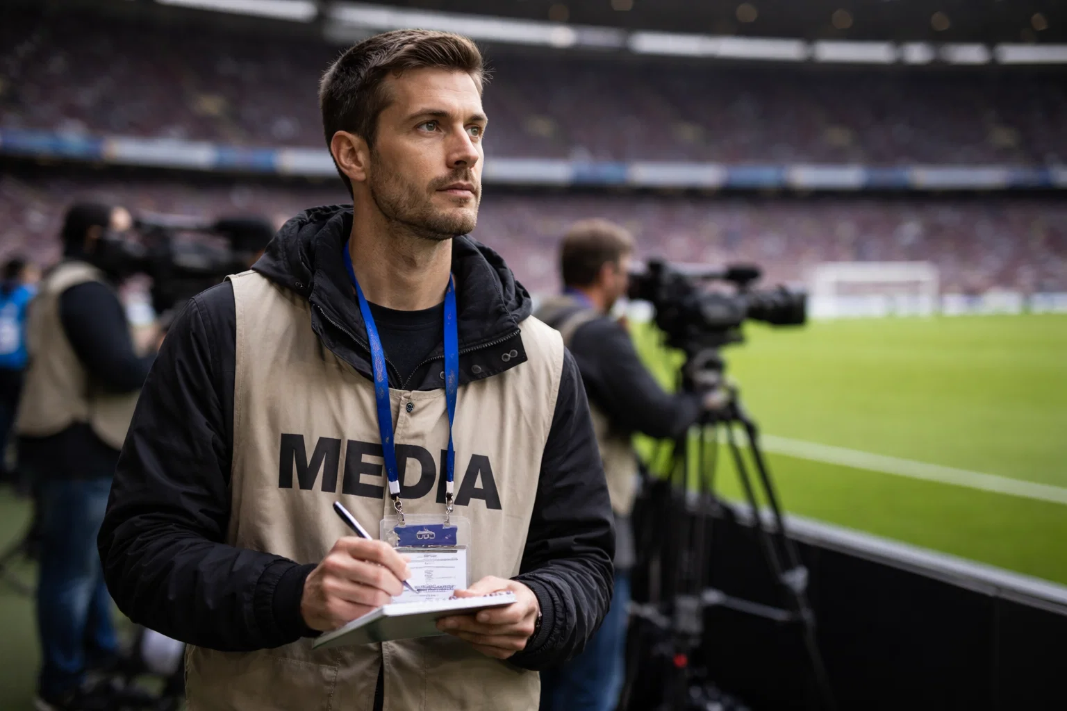 Journalist mit Notizblock am Spielfeldrand eines Fußballstadions