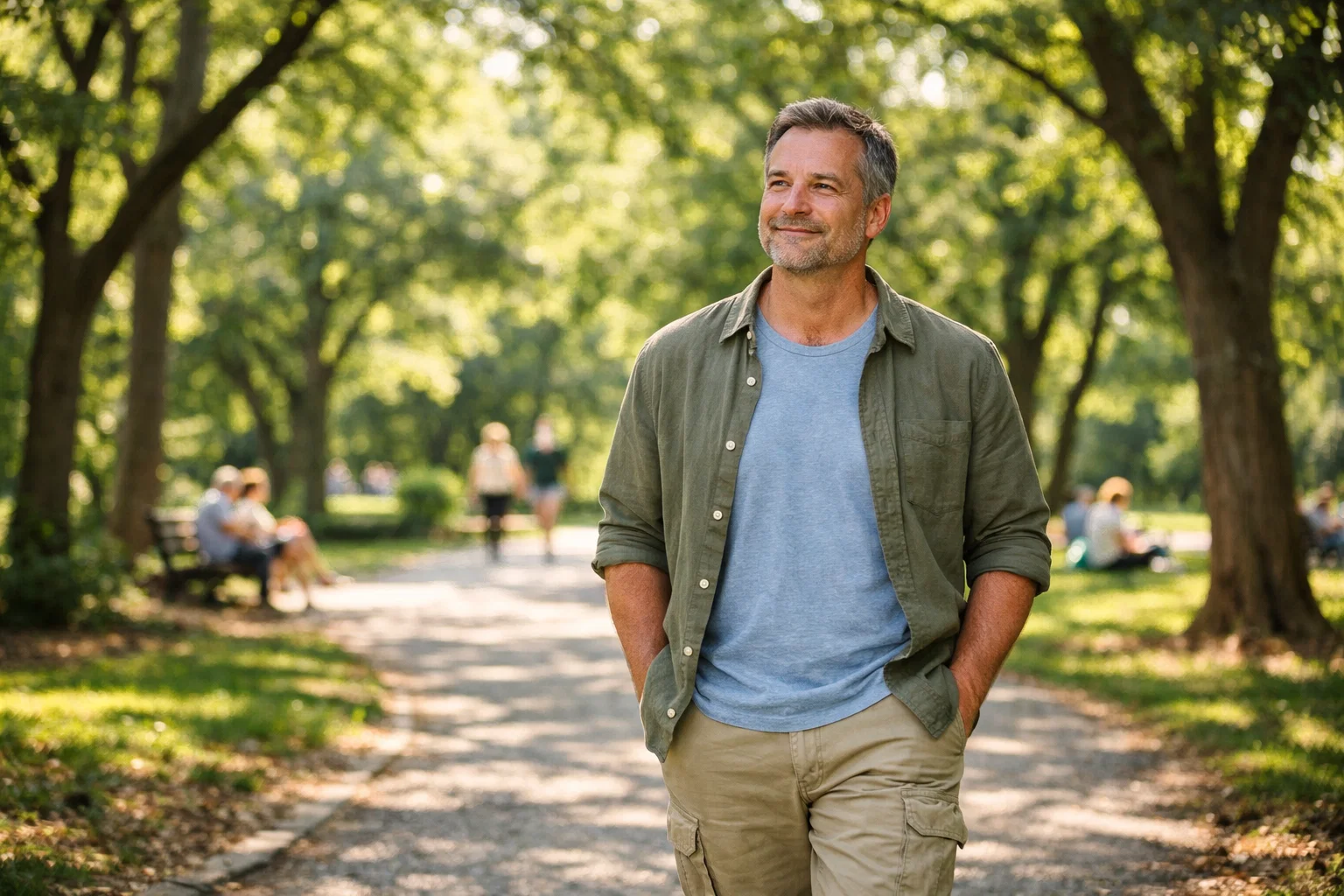 Entspannter Mann beim Spaziergang im Park als Symbol für Work-Life-Balance