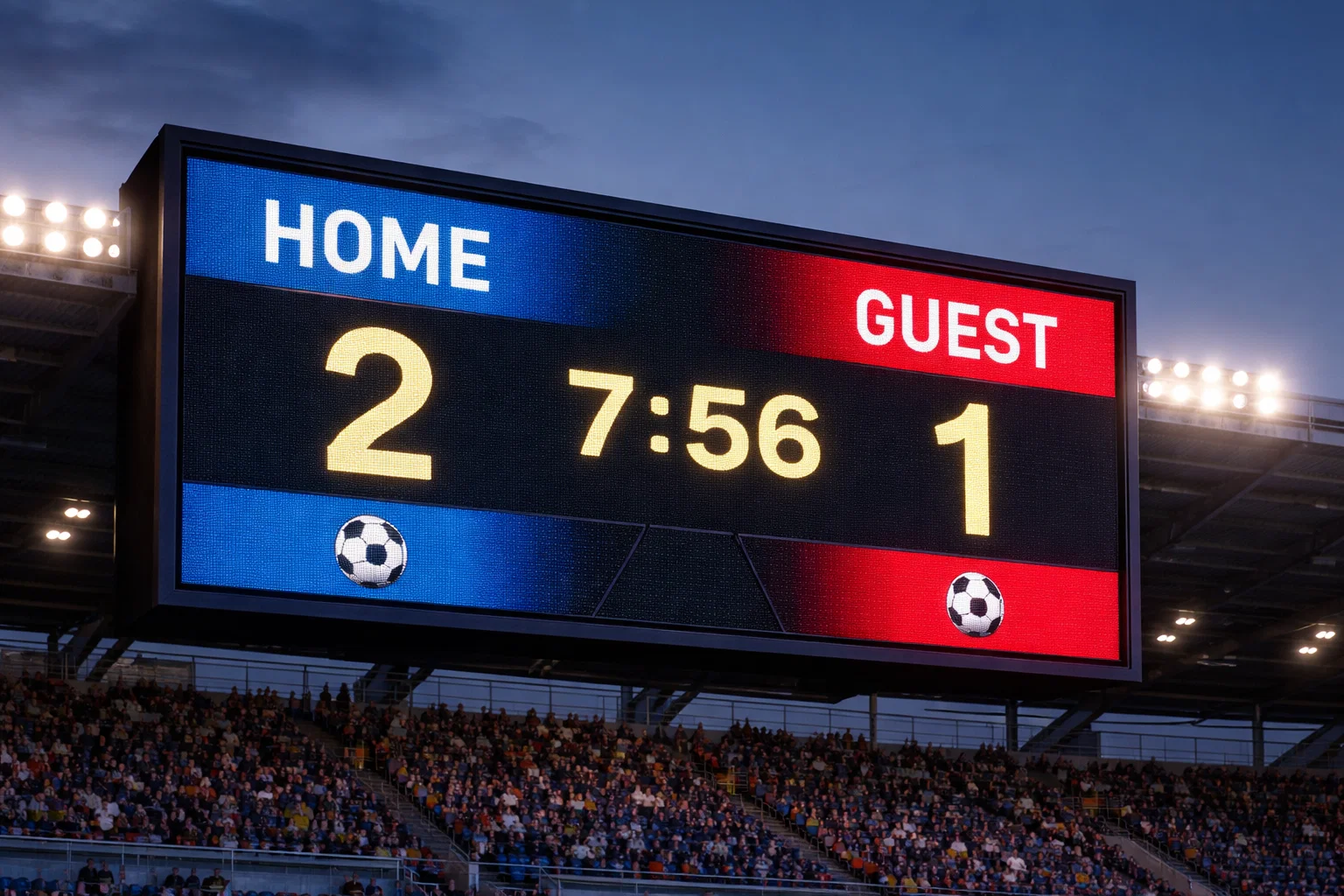 Anzeigetafel im Fußballstadion mit Spielstand