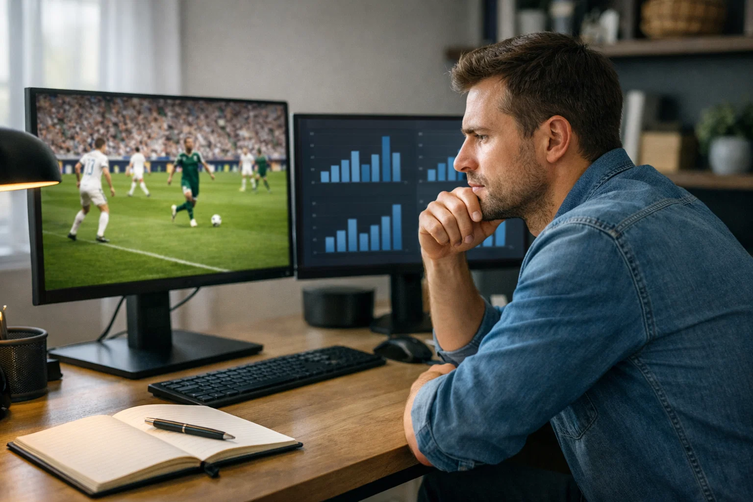 Konzentrierter Mann analysiert mehrere Bildschirme mit Fußballspielen