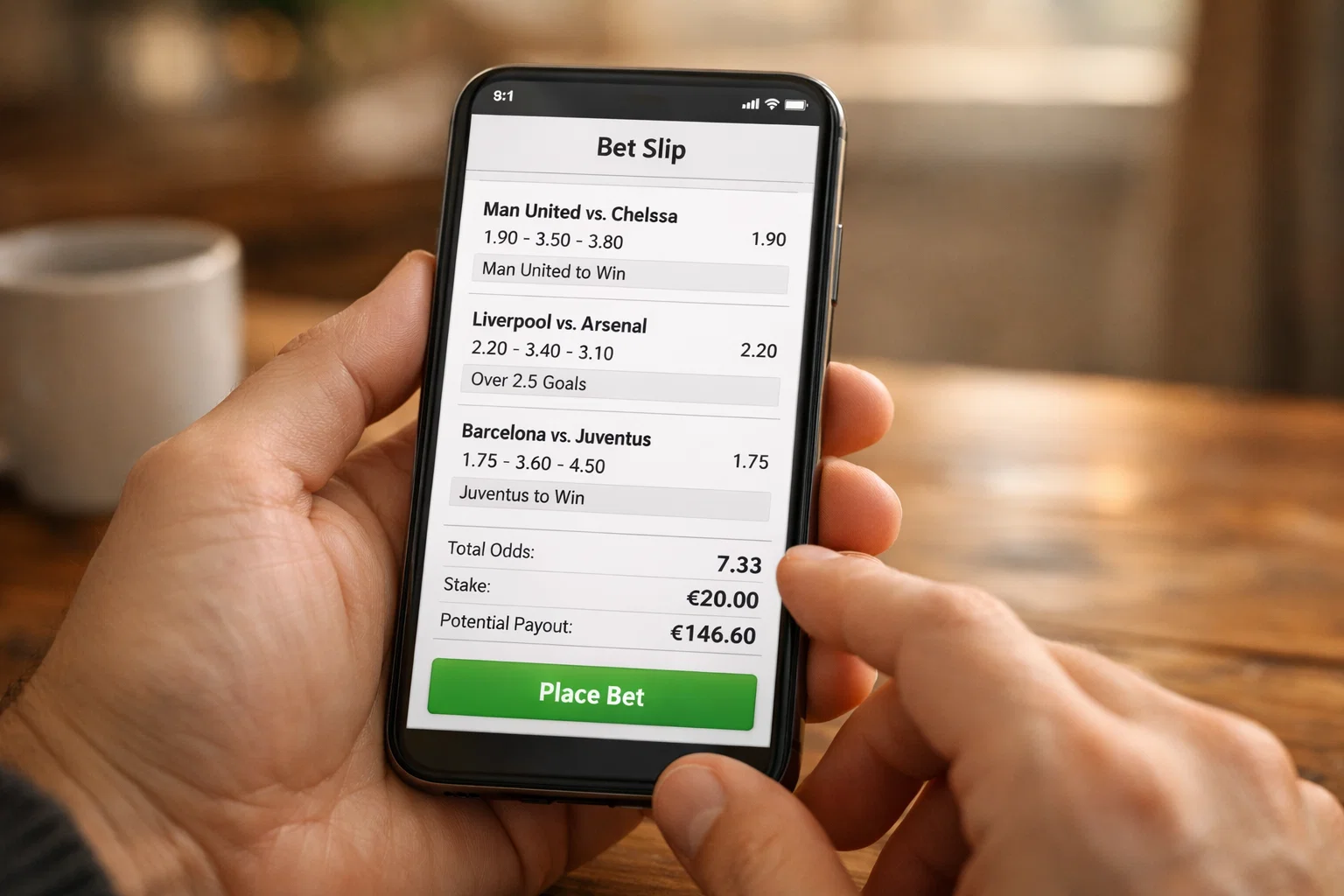 Person hält Smartphone mit Wett-App und digitalem Wettschein in der Hand